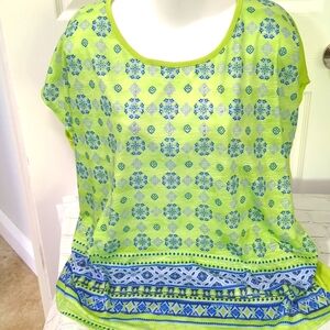 EUC KIM ROGERS SLEEVELESS LIME GREEN/BLUE CREW NECK TOP 1X